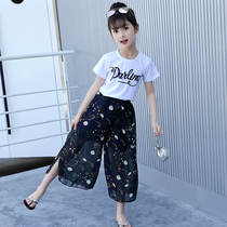 Girls Summer Leisure Set Medium Children Wide Leg ankle-length pants Cotton Short Sleeve T-shirt Two Piece Set Children Thin