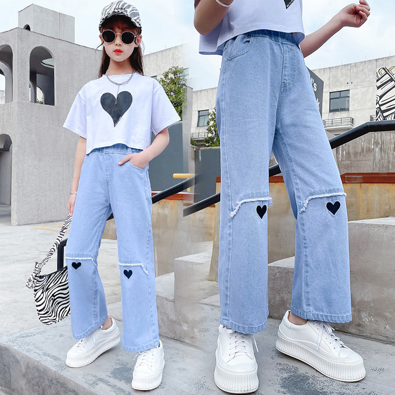 Girl pants Summer CUHK Scout slim fit Broadlegged Jeans Children Suit Summer Dress New Straight Cylinder Casual Pants