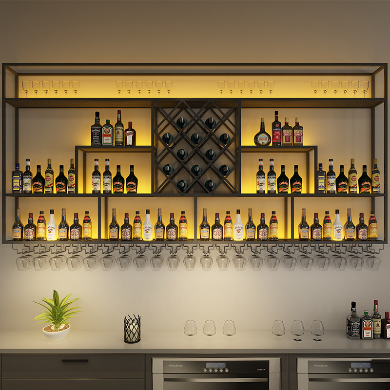 Bar wall-mounted wine rack shelf against the wall diamond-shaped wine lattice bar luminous wine cabinet custom wrought iron wine shelf