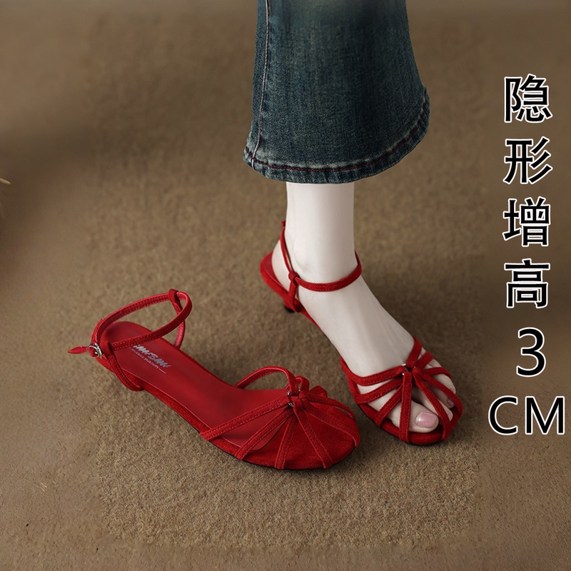 Genuine Leather Red High-Heeled Sandals for Women, 2026 New Summer Style, Height-Increasing, Single Strap, French-Style Thin Heel, Cross-Strap Cage Shoes
