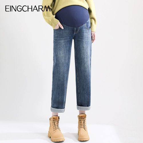 Демисезонные джинсы для беременных, весенние осенние утепленные штаны, большой размер, свободный прямой крой