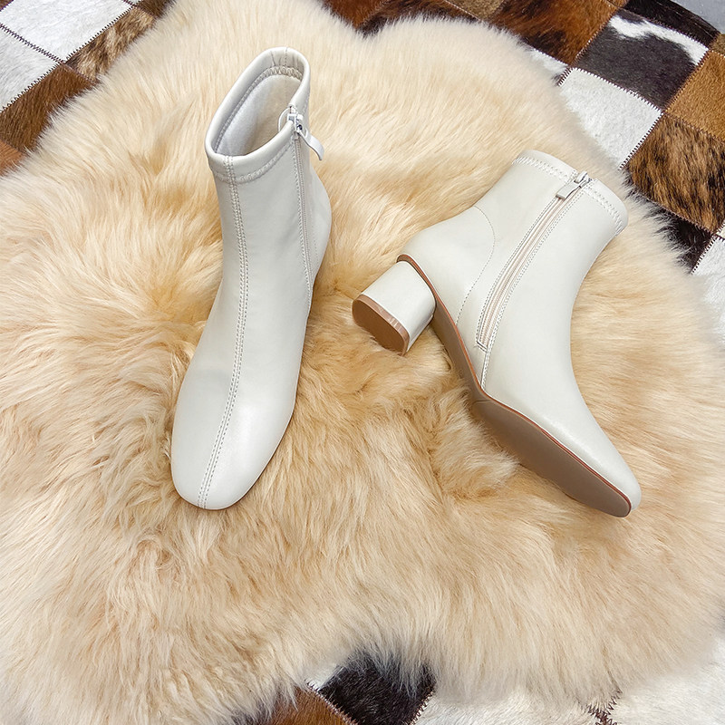 2022 autumn and winter new thick-heeled short boots women's mid-heel net red thin boots side zipper nude boots white French women's boots