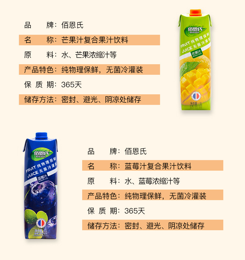 佰恩氏 蓝莓/苹果/芒果/橙子/红豆/椰子味 复合果汁饮料 1L*2瓶 图3
