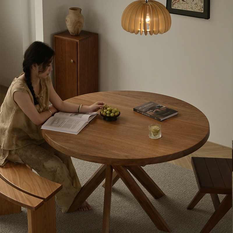 Vintage Replica Solid Wood Round Dining Table Natural Teak Creative Design Retro Small Household Round Table