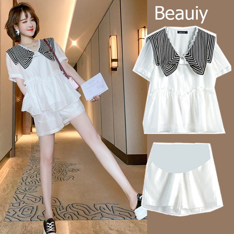 Pregnant women's clothing summer clothing set summer net red fashion foreign style top high sense to cover pregnant belly women's clothing for pregnant women