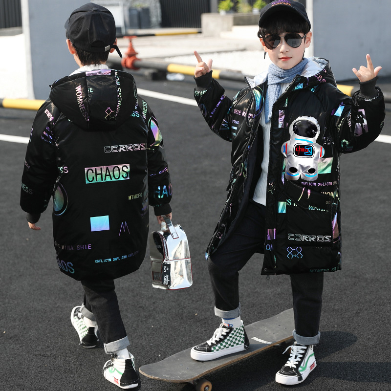 Boys' cotton clothing winter clothing 2021 new medium and large children's clothing medium and long version plus velvet thickening pie to overcome cotton coat jacket