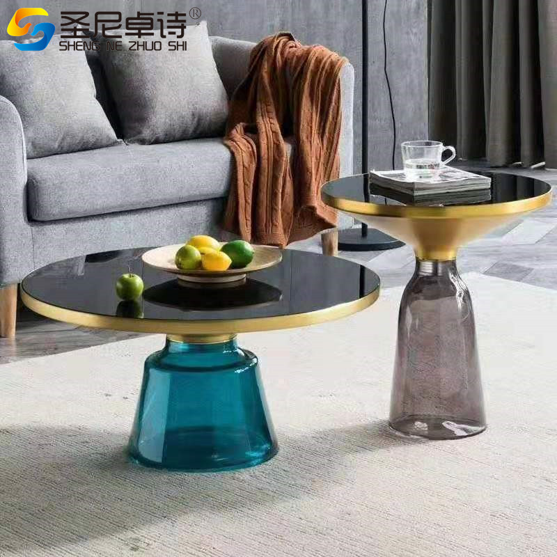 Light luxury round metal corner table Nordic glass bell coffee table living room personality creative modern minimalist sofa side table