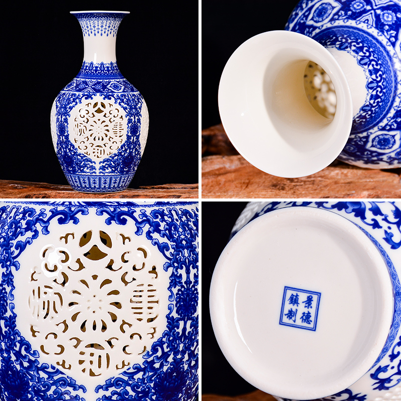 Blue and white porcelain of jingdezhen ceramics hollow - out vases, flower arranging new Chinese style living room porch TV ark adornment furnishing articles