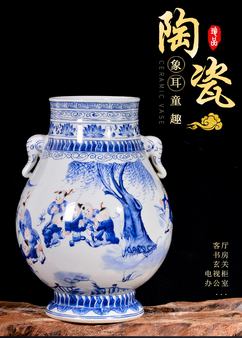 Jingdezhen blue and white lad vase Chinese antique ceramics ears sitting room rich ancient frame TV ark, flower arranging furnishing articles