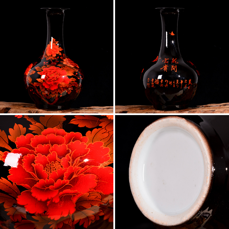 Jingdezhen ceramics peony flowers prosperous vase Chinese style living room TV cabinet porch decoration handicraft furnishing articles
