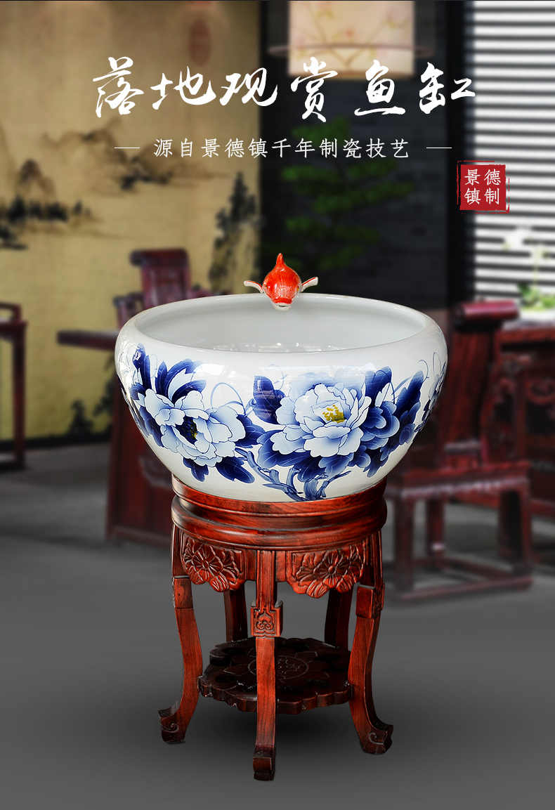 Jingdezhen ceramic blue aquarium fish bowl large fortune lotus feng shui garden hotel company in VAT furnishing articles