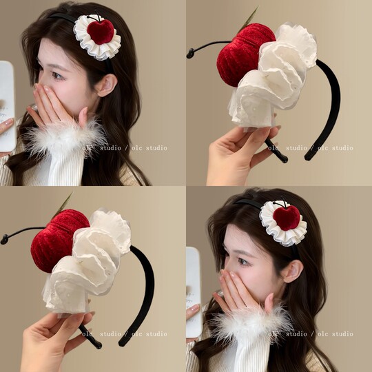 可爱苹果小蛋糕蕾丝发夹发箍女氛围感圣诞头饰生日拍照旅行发卡