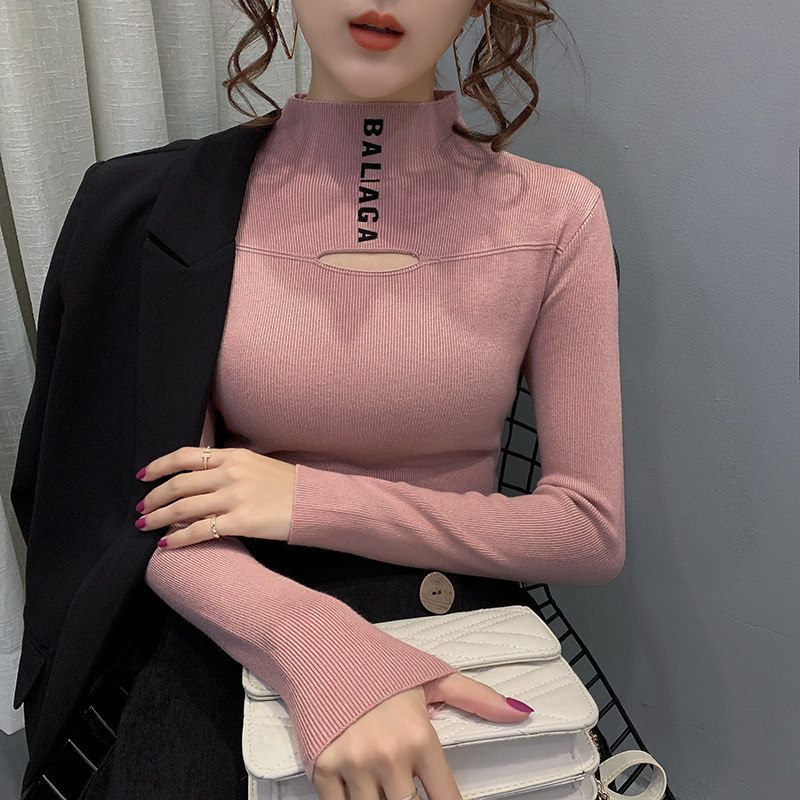 Half-height collar bottom sweater lady inner lap 2019 autumn and winter new foreign pie tight hollow blouse thicken knit cardiovert