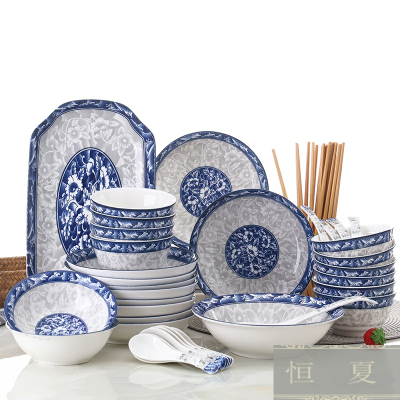 Ten people with dishes suit made in jingdezhen blue and white porcelain plate of noodles bowl of soup bowl combine microwave tableware