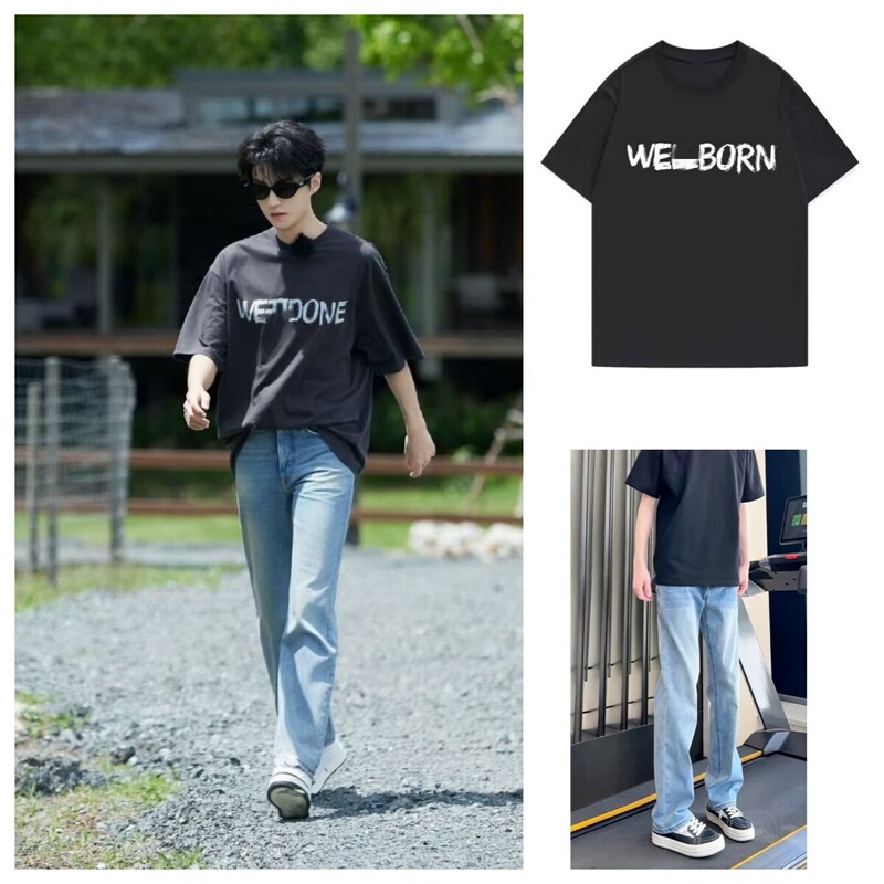 Wang Junkai's Same Style Short-Sleeve T-Shirt and Jeans with Letter Print, Thin Washed Denim Straight-Leg Pants Wang Junkai's Same Style Short-Sleeve T-Shirt and Jeans with Letter Print, Thin Washed Denim Straight-Leg Pants