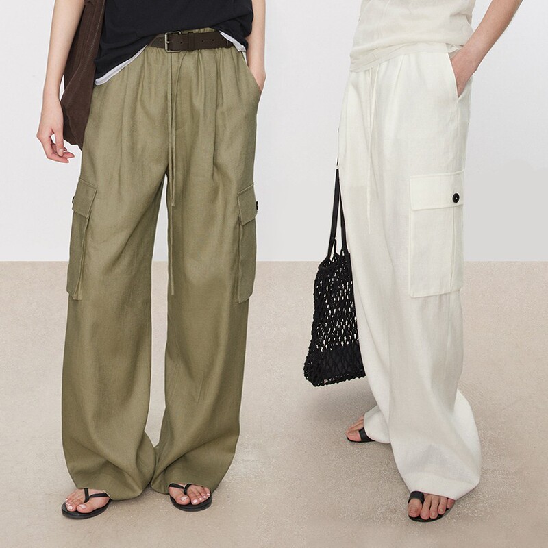 Chicjoc Lightweight Wrinkle-Resistant Linen Casual Loose-Fit Multi-Pocket Drawstring Elastic Waist Straight-Leg Cargo Pants
