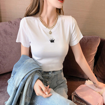 2021 white short sleeve t-shirt womens summer new thin slim slim half sleeve body shirt Embroidery Fashion top