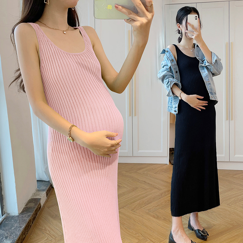 Spring Maternity Camisole Dress for Women, Slimming Tank Dress, Plus Size Maternity Knit Dress, Long Base Dress for Plus-Size Women