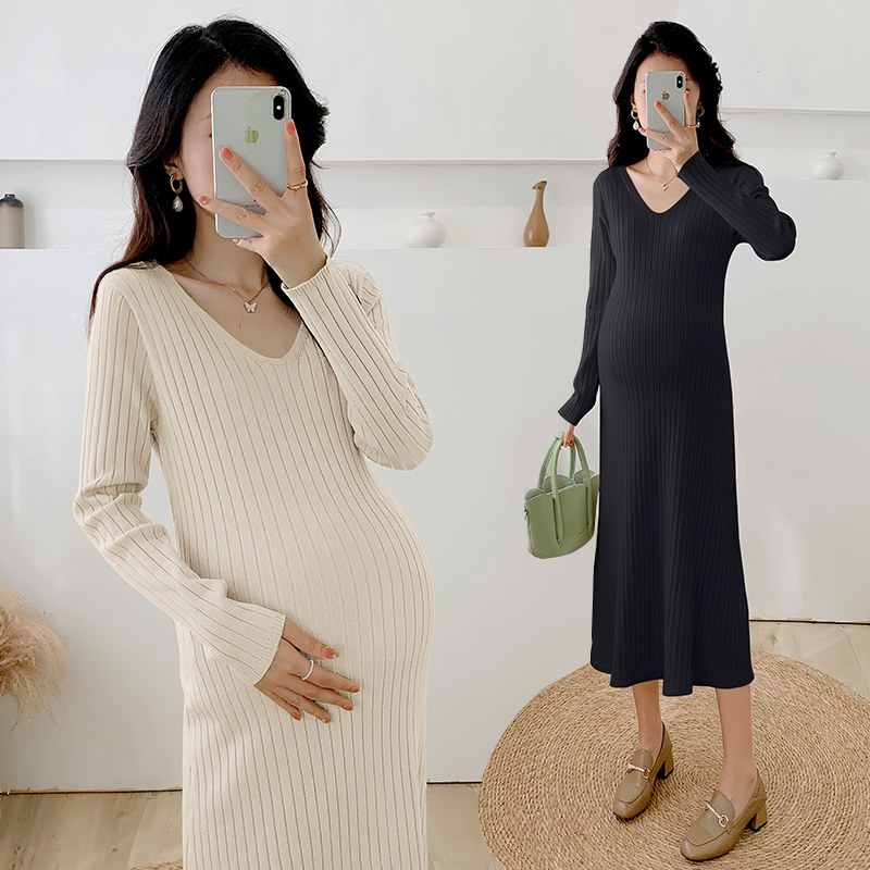 春秋用ニット長袖ドレス（コートベースドレス付き）、プラスサイズマタニティロングセータードレス（スリム効果あり）