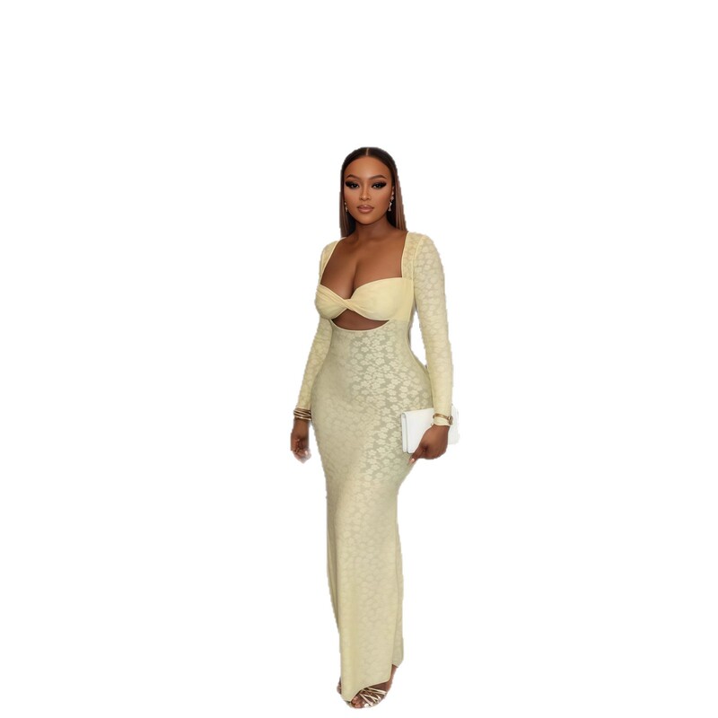 European and American Cross-Border Women's Fashion 2025 Autumn New Solid Color Long-Sleeve Bustier-Style Slim-Fit Elegant Long One-Piece Dress