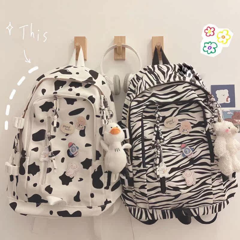  School Bag Women Ins and Han Edition High School Students Dairy Cow Canvas Shoulder Bag Tide 100 Lapped Large-capacity Junior High School Students Double Shoulders