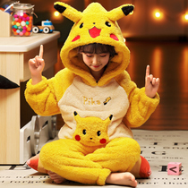 Childrens pajamas Girls flannel autumn and winter thickened coral velvet girl princess middle and large children hooded home service suit