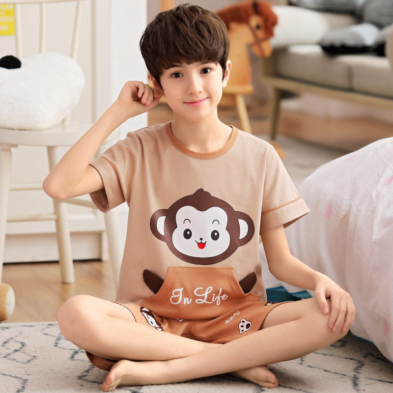 Boys' pajamas short sleeve cotton summer children's thin boys in the summer of 12 - 15 year old home suit