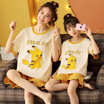  Girls  pajamas summer short-sleeved pure cotton thin girls middle and large childrens childrens home clothes Summer parent-child mother-daughter suit