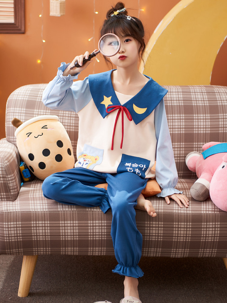 Children's pajamas Spring and Autumn pure cotton long-sleeved thin section girls middle and large child princess section Baby girl home clothes set