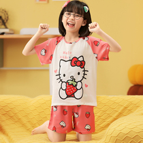 Kids Pajamas Girls Summer Thin Ice Silk Short Sleeve Cartoon Girls Middle-aged Kids Simulation Silk Home Clothing Sets