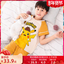 Childrens pajamas boys summer short-sleeved cotton thin cartoon boy middle and big boy baby Summer Home suit suit