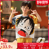 Childrens pajamas boys summer thin short-sleeved cotton boys middle and big childrens home clothes summer loose suit