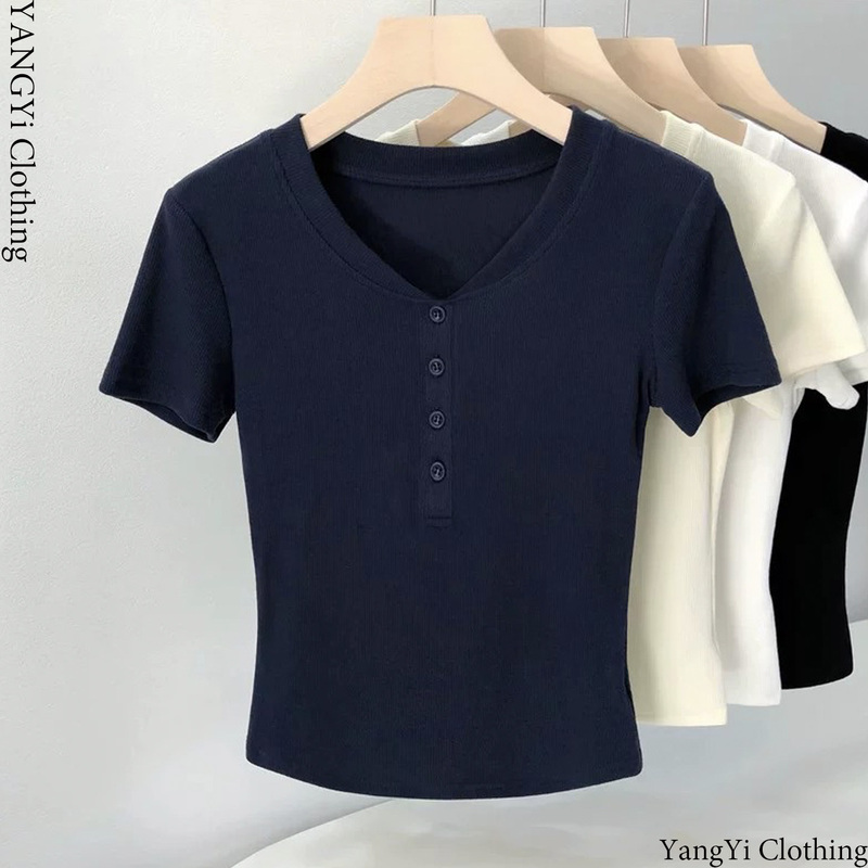 Navy Blue Henley Collar Short-Sleeve T-Shirt for Women, Summer Short Style for Petite Figures, High-End Niche Design, Unique Top Navy Blue Henley Collar Short-Sleeve T-Shirt for Women, Summer Short Style for Petite Figures, High-End Niche Design, Unique Top