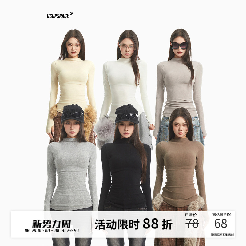 Ccup Space Snowflake Velvet Black Warm Inner Layer Half Turtleneck Long-Sleeve T-Shirt Women's Slim-Fit Base Shirt Top