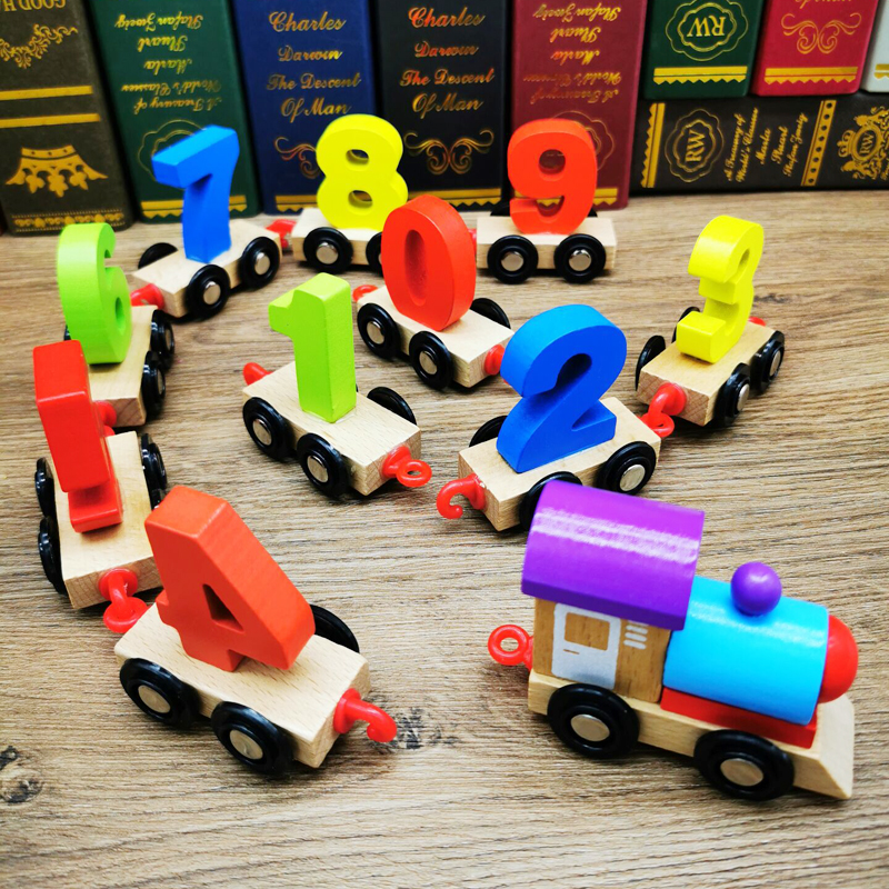 Children's wooden assembled drag wood-digital small train slide wagon 1-2-year-old baby early lessons intellectual toy