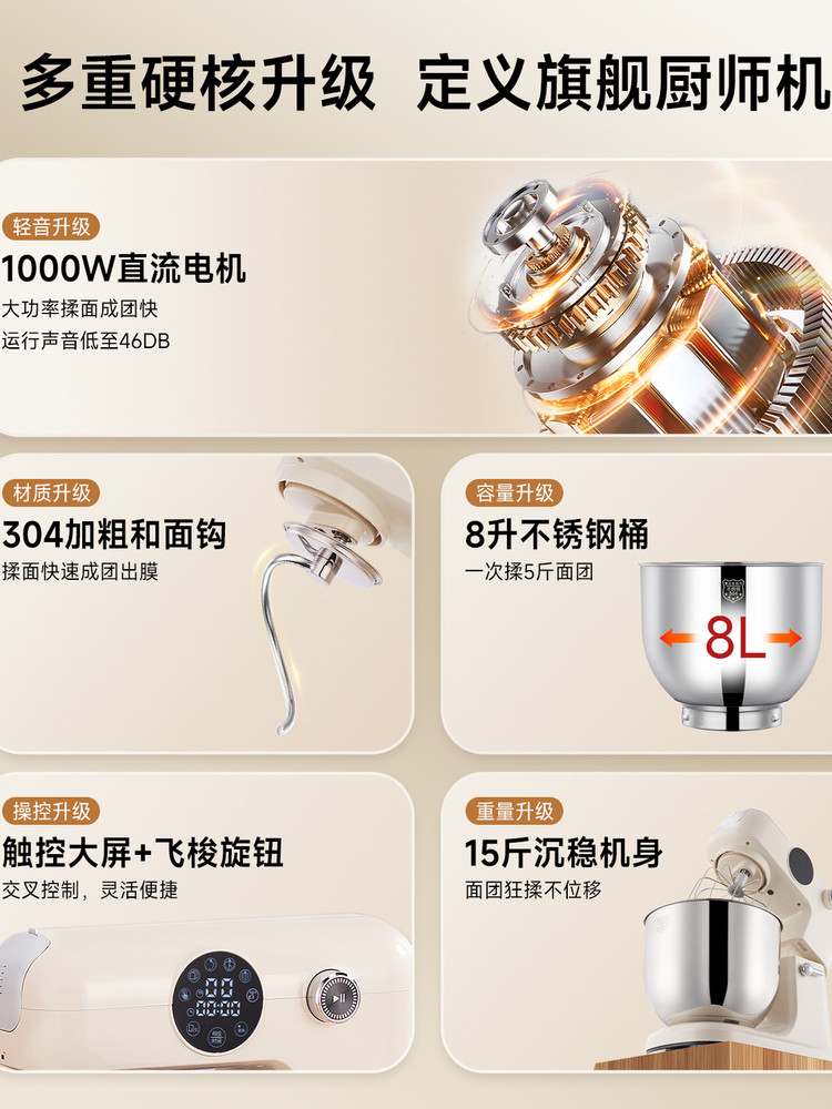 [National Subsidy 15%]Shunran 8-Liter Chef Machine Dc Fully Automatic Household and Commercial Multifunctional Small Dough Mixer