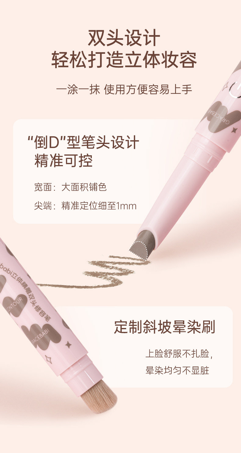 【中國直郵】 Gracebabi 修容陰影 立體輪廓 臉部遮瑕筆雙頭 1支裝 水泥灰