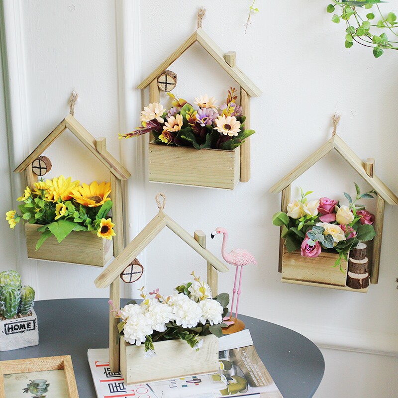 Solid wood small house Flower Basket Handmade Inserts Dry Flower Decoration Pendulum Decorated hanging wall House decorated flower pots Wall hanging pieces
