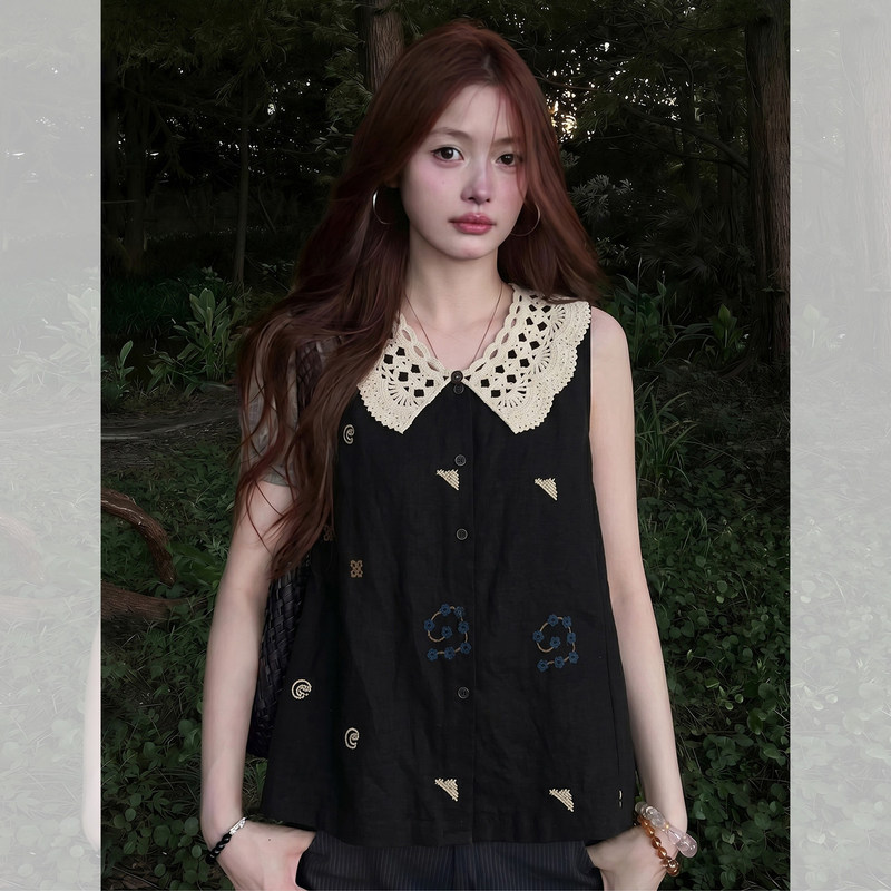 Black Sleeveless Loose Doll Collar Embroidered Shirt for Women 2026 Summer Thailand Beautiful and Unique Fairy-Like Top