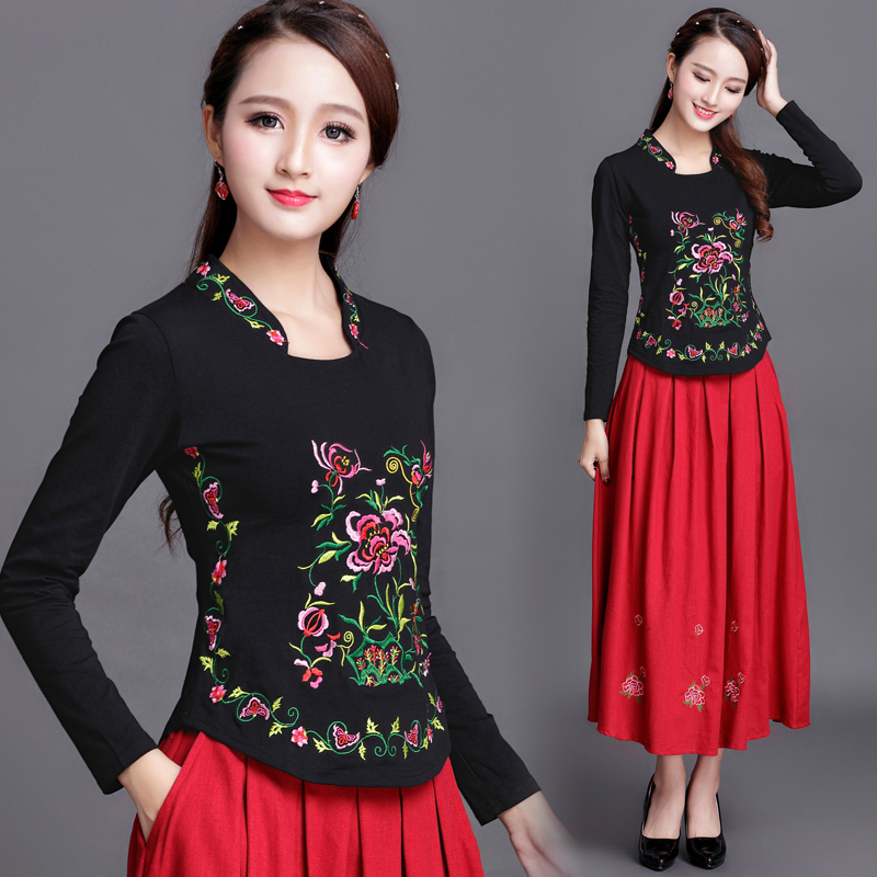 Ethnic Style Women's Tops, Spring and Autumn New Embroidered Long-Sleeved T-Shirts, Women's Large Size Cotton Stand-Up Collar Slim-Fitting Bottoming Shirts for Women