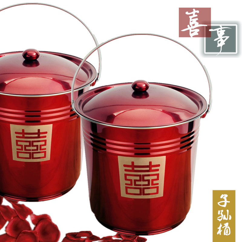 Descendants bucket wedding celebration supplies joy bucket dowry children and grandchildren bucket three-piece set red bucket woman bride gift red bucket
