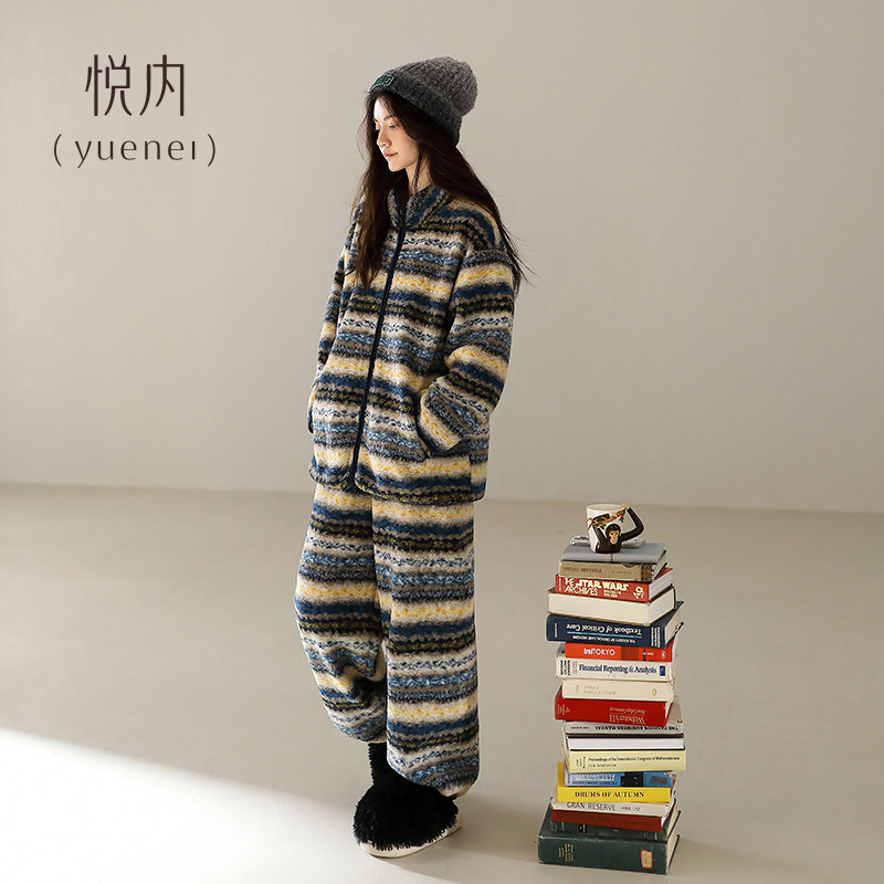 Yue Nei Women's Pajamas for Winter, Autumn and Winter, Thickened Flannel, Fleece-Lined, Coral Fleece, Warm Loungewear, Fair Isle Set Yue Nei Women's Pajamas for Winter, Autumn and Winter, Thickened Flannel, Fleece-Lined, Coral Fleece, Warm Loungewear, Fair Isle Set