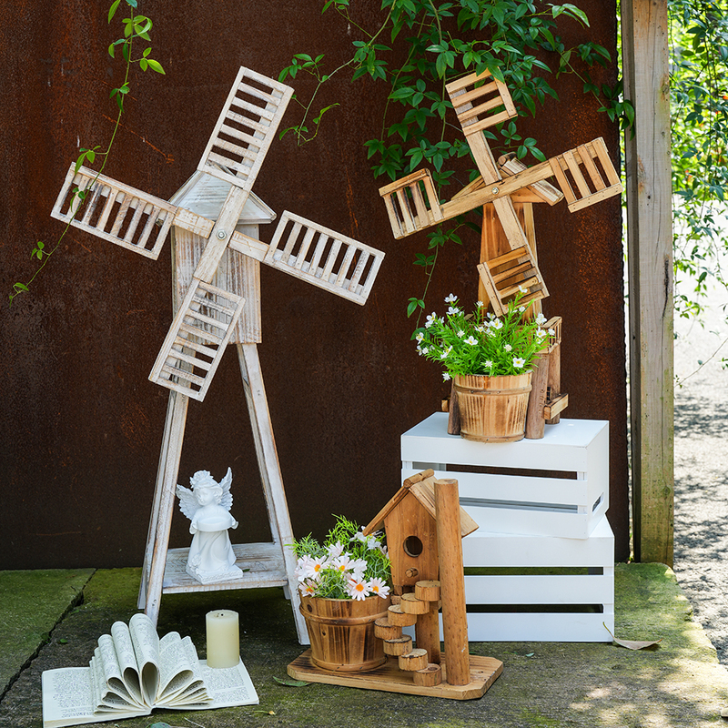 Solid Wood Windmill Flower Stand Creative Ornament Home Decor Garden Outdoor Decoration Homestay Environmental Creation Materials Courtyard Arrangement