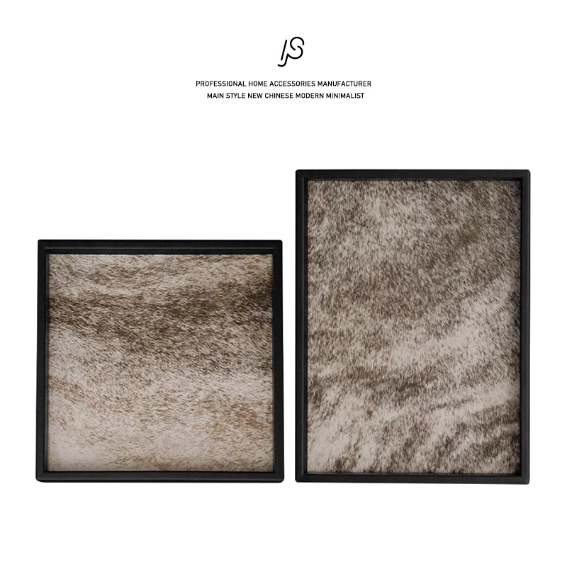 Modern Mid-Century Style Tiger Pattern Horsehair Genuine Leather Tray Model Room Coffee Table Storage Tray Bedroom Bathroom Aromatherapy Tray Ornament