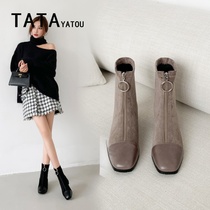 TATA YATOU Hes her girl Inron rough with skinny boots 100 hitch a little code Martin boots front zipped womens shoes.