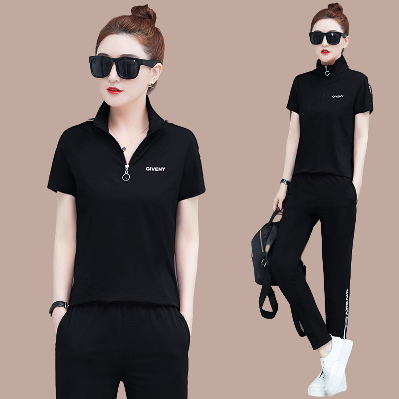 Summer Casual Suit Women 2022 New fashion Loose Collar Slim Pure Cotton Short Sleeve Long Pants Sports Two Suits
