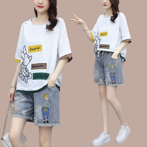 Джинсовая юбка, летний комплект, модные нарукавники для отдыха, коллекция 2023, большой размер, короткий рукав