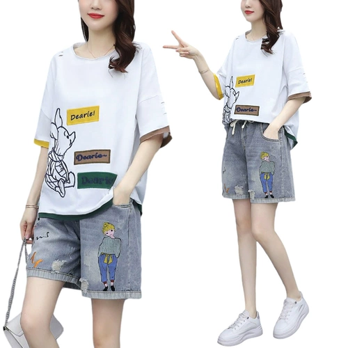 Джинсовая юбка, летний комплект, модные нарукавники для отдыха, коллекция 2023, большой размер, короткий рукав