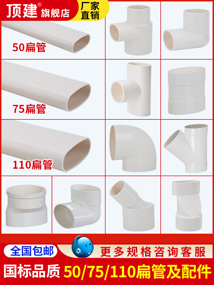 <!--顶建扁管pvc厕所厨房阳台管道配件椭圆管地漏移位器75 110 50扁管-->