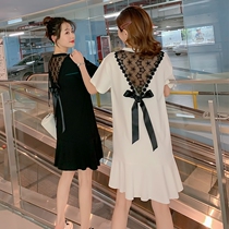 Plus size womens summer dress fat mm loose belly top dress bow mesh T-shirt dress